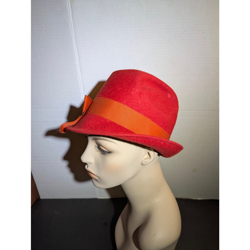 Vintage 50s Red Fur Felt Cloche Hat Orange Ribbon Bow Mid-Century Mod Fedora - Picture 7 of 8